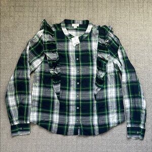 J. Crew Women’s Green and Blue Plaid Button Down Shirt with Ruffles Size XS NWT